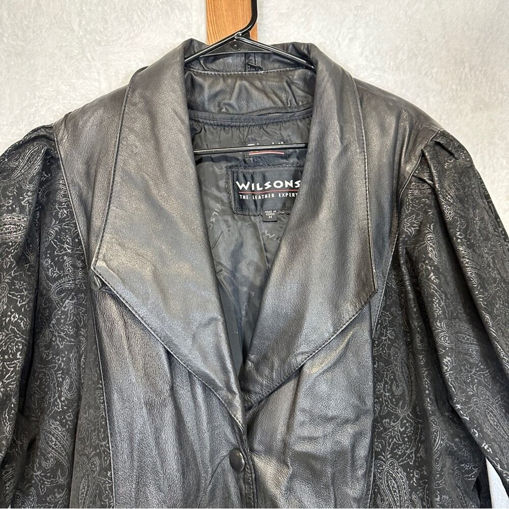 Vintage 80s Wilsons Black Leather Paisley Print Long Sleeve Coat Size M - Picture 2 of 13